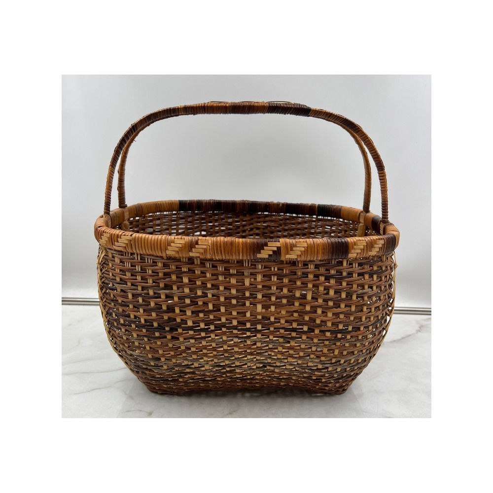 Vintage Handwoven Wicker Basket Rectangular Brown Tan Storage Decor with Handle